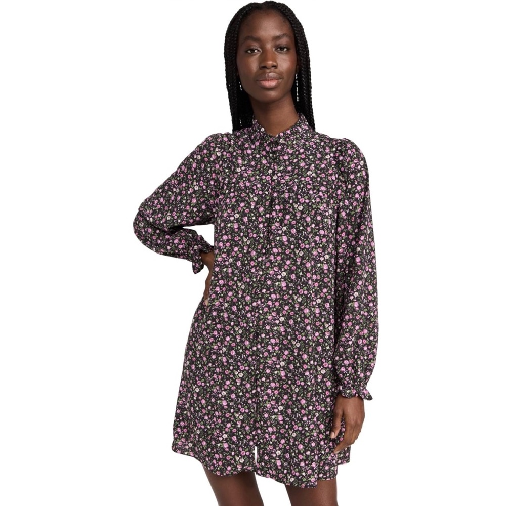 English Factory Long Sleeve Dainty Floral Shift Mini Dress Button Down